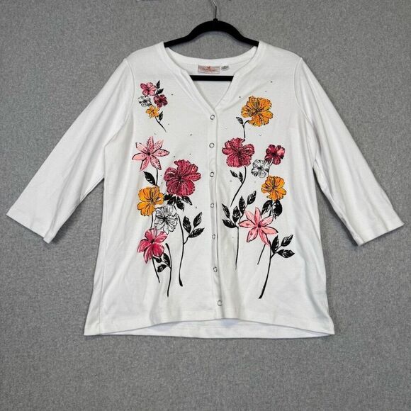 Quacker Factory Sweaters - Vintage Quacker Factory Jeanne Bice Women’s M White Floral Embroidered Cardigan
